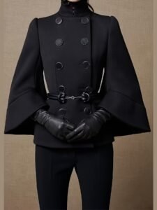 Women'S Fall/Winter Elegant& Retro Black High- neck Double- breasted Bell- sleeve Coat- High- quality Fabric, Waist- cinching Belt Detail, Ideal for Formal Dinners, Business Events& Theatre Outings