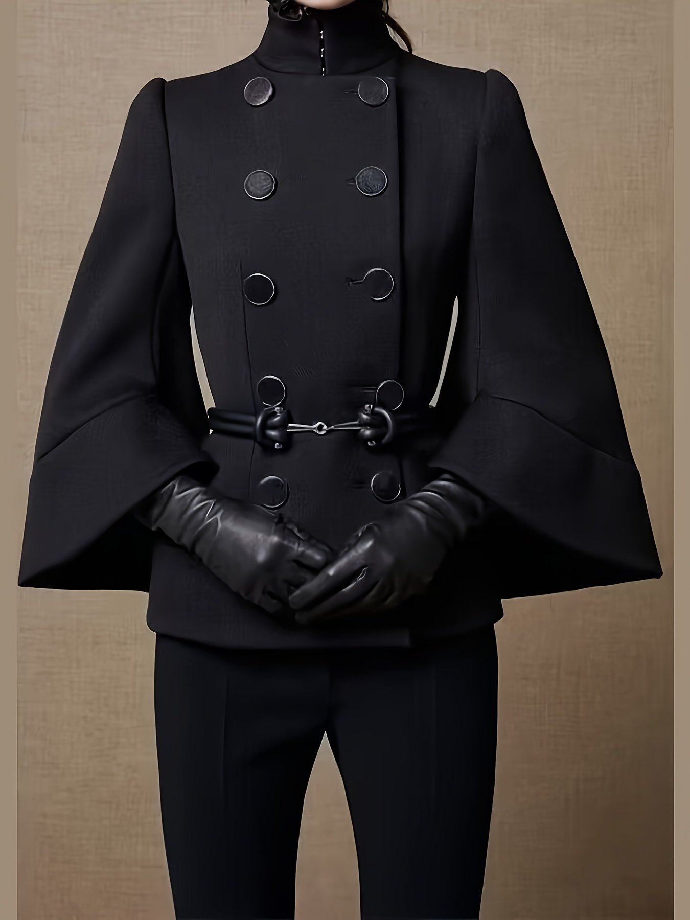 Women'S Fall/Winter Elegant& Retro Black High- neck Double- breasted Bell- sleeve Coat- High- quality Fabric, Waist- cinching Belt Detail, Ideal for Formal Dinners, Business Events& Theatre Outings