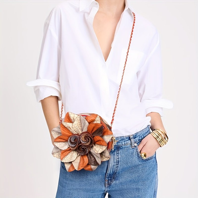 Genuine Leather Flower Crossbody Bag for Women - Vintage Style, Adjustable Strap, Zipper Closure, Polyester Lining, Crocodile Pattern, Mixed Colors, Elegant Accessory for Casual or Formal Occasions, Versatile Crossbody Bag | Vintage Floral Bag | Genuine Leather Bag, Purse Crossbody