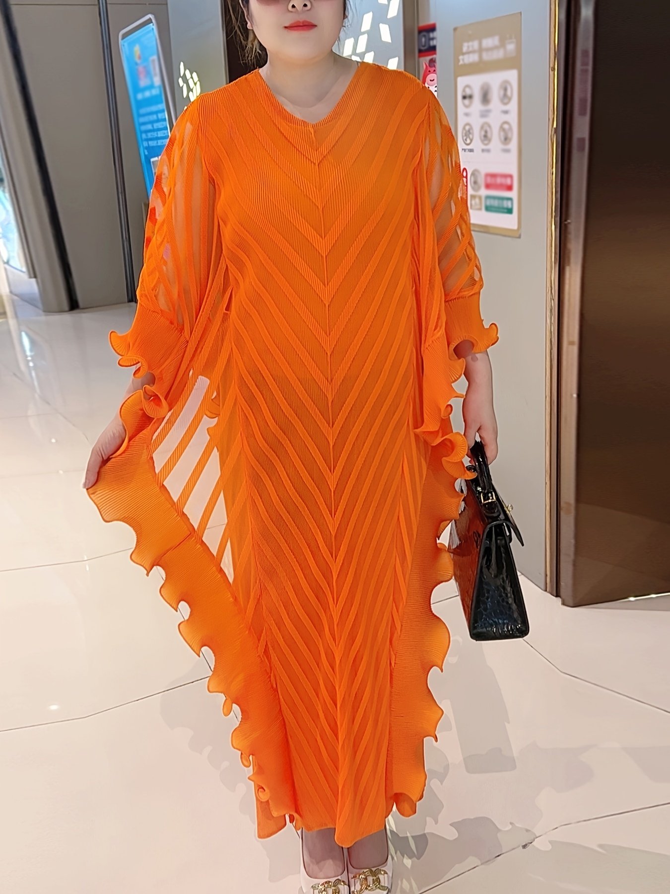 Plus Size Elegant Pleated Maxi Dress - White, Long Sleeve, V-Neck, Asymmetrical Hem, Petal Sleeve Design, Stylish and Comfortable for All Seasons, Allseason Dress|Elegant Pleated Dress|Stretchy Fabric - Image 3