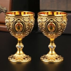 2pcs Vintage Medieval Style Imitation Renaissance Chalice Goblets, Luxurious Golden Finish with Ornate Floral Patterns, Handcrafted Metal Cups for Housewarming Gifts, Special Occasions, and Decorative Use