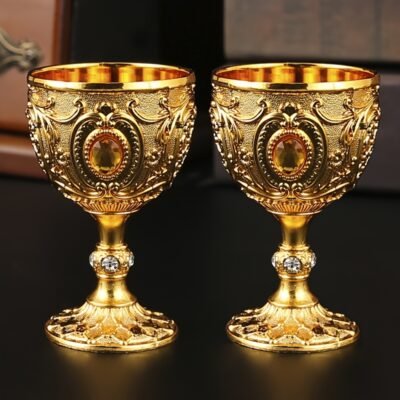 2pcs Vintage Medieval Style Imitation Renaissance Chalice Goblets, Luxurious Golden Finish with Ornate Floral Patterns, Handcrafted Metal Cups for Housewarming Gifts, Special Occasions, and Decorative Use