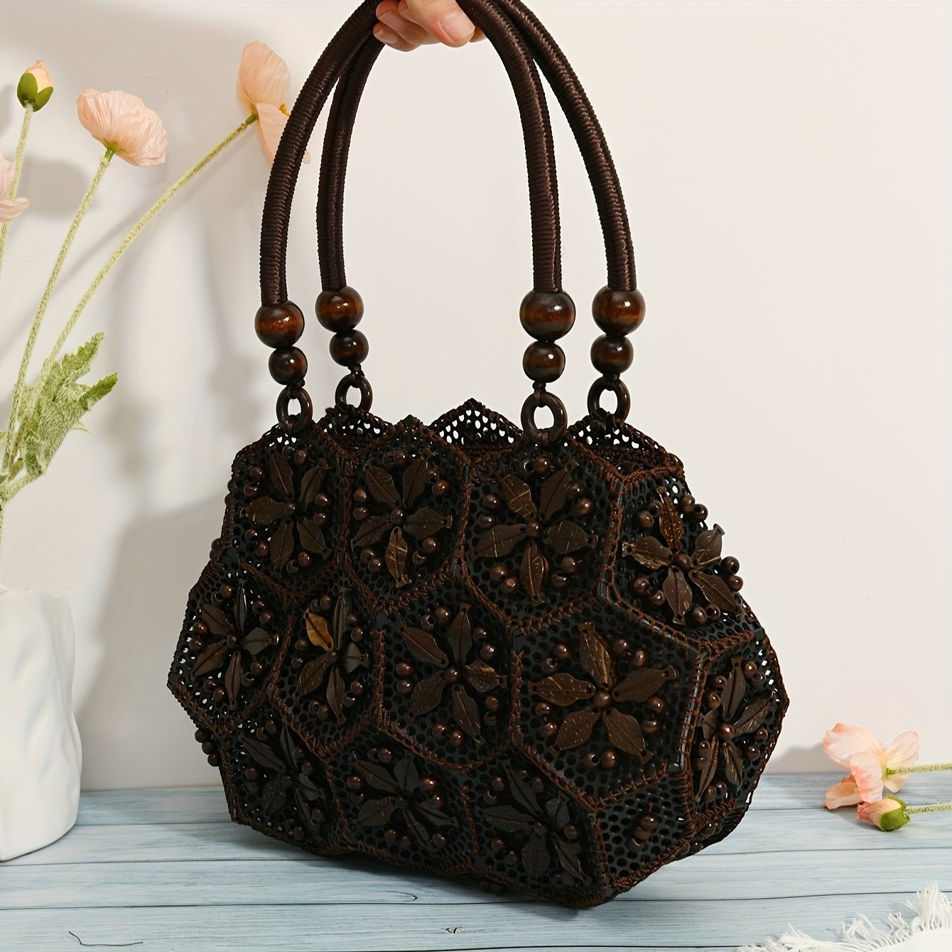 [Bohemian Clutch Bag] Handcrafted Coconut Shell Bohemian Clutch Bag | Vintage Ethnic Style, Deep Brown Geometric Design with Zipper Closure, Intricate Bead and Leaf Motifs, Perfect for Casual or Formal Occasions