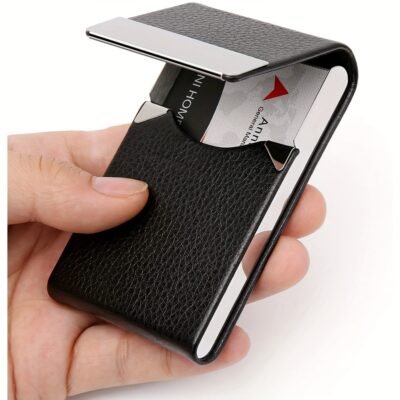 [Magnetic Business Card Holder] 1pc ANWM HOME PU Leather Business Card Holder | Stainless Steel Credit Card Case, Fashionable Office Supplies Gift for Professionals, Business Card Storage | Sleek PU Leather Design | Magnetic Clasp