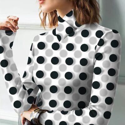 Women’s All-Over Black & White Polka Dot Print T-Shirt with High Neck Collar & Cross-Over Back Design – Mid-Stretch Machine-Washable Top for Year-Round Casual to Semi-Formal Outfits