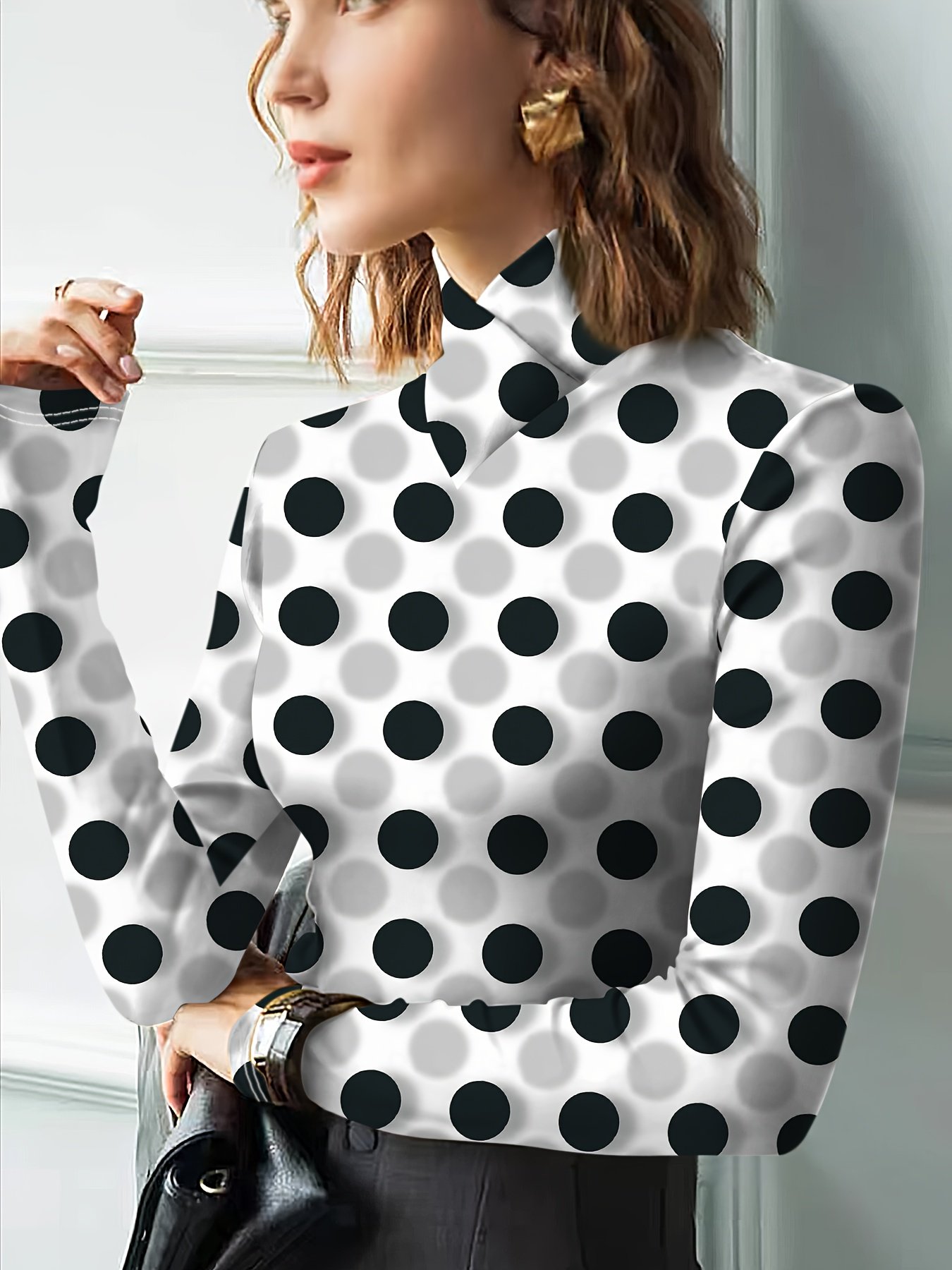 Women's All-Over Black & White Polka Dot Print T-Shirt with High Neck Collar & Cross-Over Back Design - Mid-Stretch Machine-Washable Top for Year-Round Casual to Semi-Formal Outfits