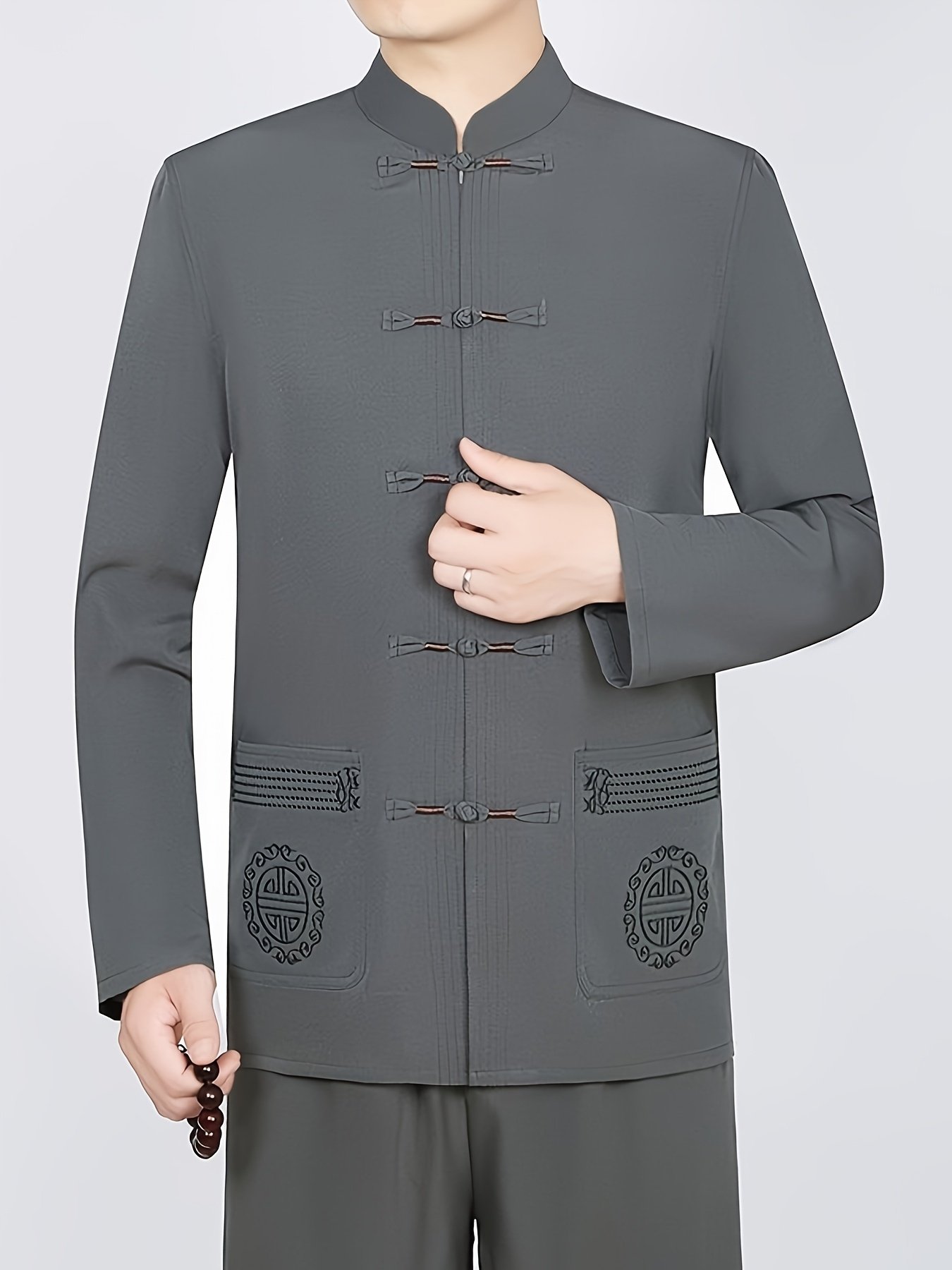 Men'S Elegant Summer Tang Jacket - Long Sleeve, Chinese Style, Stand Collar, Button-Up Shirt with Pockets, Non-Stretch Fabric, Regular Fit, Perfect for Casual Wear, Summer Jacket|Traditional Attire|Pocketed Shirt, Chinese Size, Please Check The Size Guide Carefully - Image 2