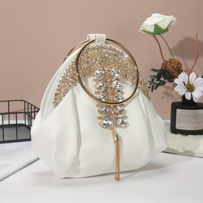 PIDE Women’s Elegant White PU Evening Handbag with Detachable Crossbody Strap & Rhinestone-Adorned Closure – Luxury Wedding, Party, Prom Clutch Bag – Golden-Tone Hardware, Tassel Detailing, Durable & Easy-Clean -like Texture, Versatile Everyday or Formal Events Accessory, Hand Bag for Women Elegant, Novelty Purse, Designer Handbags for Women, Ladies Evening Bag, Elegant Clutch Bags for Women Elegant