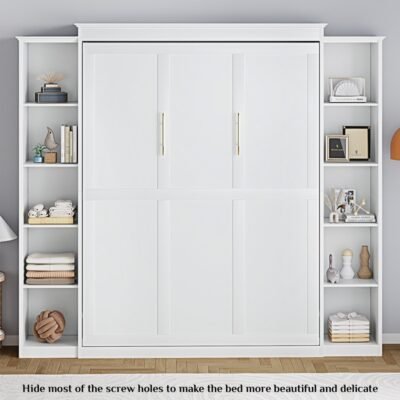 Queen Murphy Bed Cabinet with 5-Tier Adjustable Shelves – Space-Saving Wall Bed, Heavy-Duty Foldable Platform Bed Frame, Modern Murphy Bed for Small Apartments, Guest Rooms, Home Offices – Easy Assembly, No Box Spring Needed, Apartment Living, Minimalist Furniture, Highquality Build, Apartment Dwellers