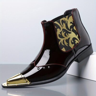 QRLQRL Men’s Glossy Black/Golden Cloud Pattern PU Short Boots – Elastic Closure Slip-On/Lace-Like Buckle, Golden-Tipped Toe & Heel, All-Season Dress Boots for Casual & Formal Wear (Shoe Maintenance-Free)