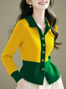 Women's Color Block Button-Front Cardigan, Lapel Collar Sweater - Autumn/Winter Casual Top, X-Neckline Cut, Long Sleeve with Buttons, Hand Wash/Dry Clean Care - Contrast Stitching, Soft Texture - Perfect for Office and Leisure Wear
