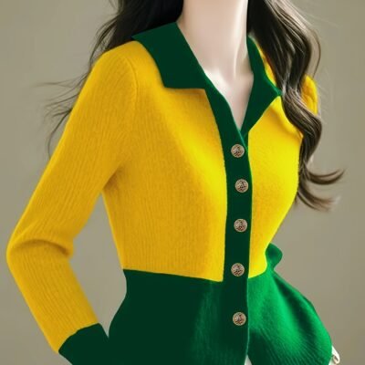 Women’s Color Block Button-Front Cardigan, Lapel Collar Sweater – Autumn/Winter Casual Top, X-Neckline Cut, Long Sleeve with Buttons, Hand Wash/Dry Clean Care – Contrast Stitching, Soft Texture – Perfect for Office and Leisure Wear