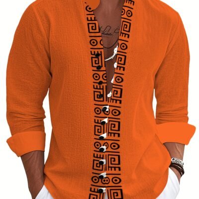 Men'S Vibrant Orange 3D Print Stand Collar Long Sleeve Shirt - Ethnic Tribal Pattern, Casual Button-Up with Chest Pocket, Non-Stretch Fabric, Perfect for Outdoor & Casual Attire, Casual Attire Shirt | Vibrant Print Shirt | Nonstretch Fabric, Men Shirt, Shirt For Men, Men Clothe, Long Sleeve Shirt Men, Shirt For Men Stylish, Short Sleeve Shirt Men