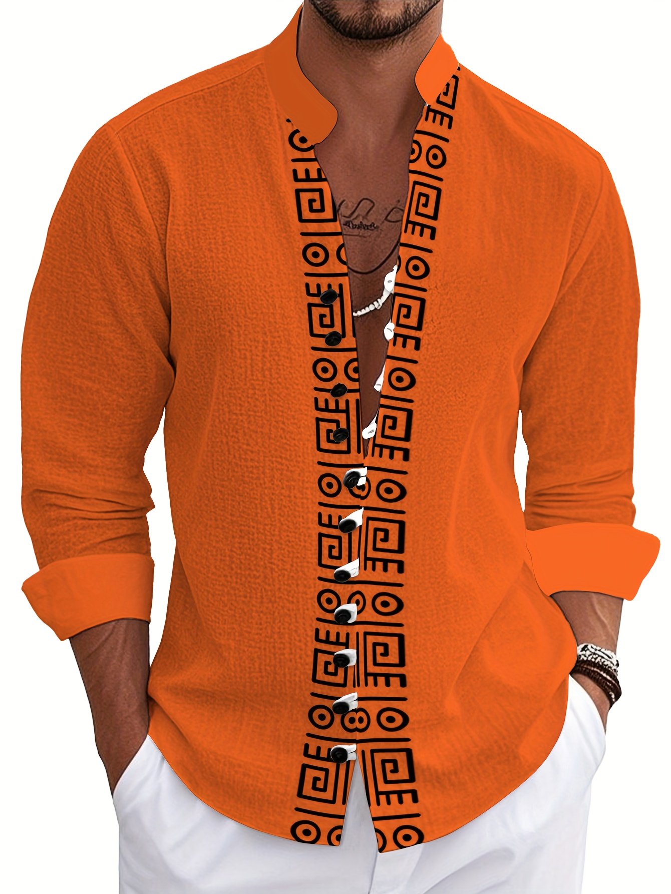 Men'S Vibrant Orange 3D Print Stand Collar Long Sleeve Shirt - Ethnic Tribal Pattern, Casual Button-Up with Chest Pocket, Non-Stretch Fabric, Perfect for Outdoor & Casual Attire, Casual Attire Shirt | Vibrant Print Shirt | Nonstretch Fabric, Men Shirt, Shirt For Men, Men Clothe, Long Sleeve Shirt Men, Shirt For Men Stylish, Short Sleeve Shirt Men