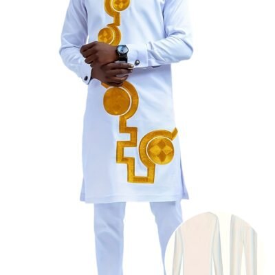 Men’s Long Sleeve Golden Geometric Graphic Print Crew Neck Robe & Solid Pants 2-piece Set Outfit Traditional Suit