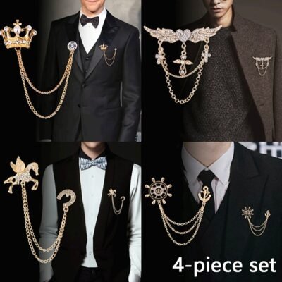 4pcs Elegant Men'S Lapel Pins Set - Golden Wing & Chain, Crown, Steering Wheel, Pegasus Design, Perfect for Tuxedos & Formal Wear, Formal Attire Accessories | Elegant Lapel Pins | Durable Alloy Pins, Lapel Pin Set
