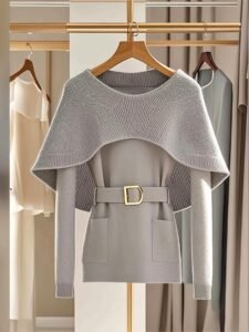 1pc Elegant Grey Knit Cardigan with Cape Shawl, Women'S Soft Polyester Crew Neck Long Sleeve Sweater with Belt, Unique Design Solid Color Pullover for Spring/Summer/Fall - 2024 New Arrival