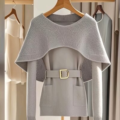 1pc Elegant Grey Knit Cardigan with Cape Shawl, Women’S Soft Polyester Crew Neck Long Sleeve Sweater with Belt, Unique Design Solid Color Pullover for Spring/Summer/Fall – 2024 New Arrival