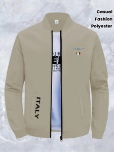 CALVIN Men's Slim Fit Casual Jacket - Light Zipper Stand Collar, Machine Washable Autumn Winter Coat with Italy Flag & Bold Letter Print, Street Style Baseball Collar Design, Polyester Lining, Sleek Zipper Closure, Urban Fashion, Modern Design, Lightweight Material, Urban Lifestyle
