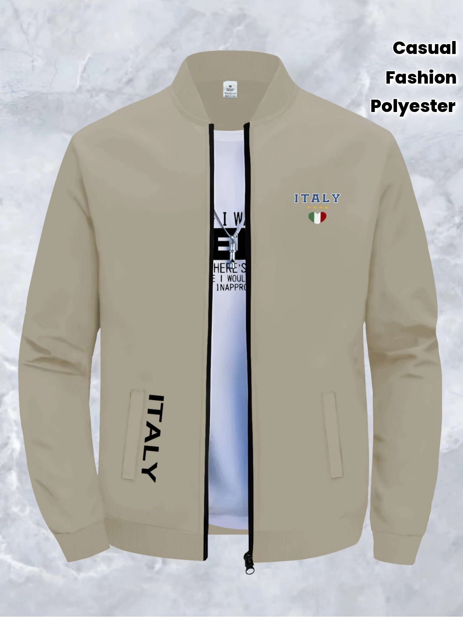 CALVIN Men's Slim Fit Casual Jacket - Light Zipper Stand Collar, Machine Washable Autumn Winter Coat with Italy Flag & Bold Letter Print, Street Style Baseball Collar Design, Polyester Lining, Sleek Zipper Closure, Urban Fashion, Modern Design, Lightweight Material, Urban Lifestyle