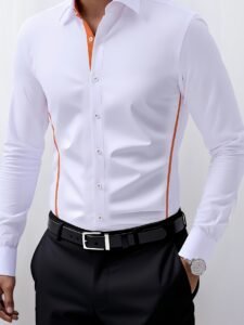 Men's Slim-Fit Casual Long Sleeve Shirt - Solid Color White with Contrast Orange Accents, Classic Collar & Single-Button Closure, All-Season Versatile Shirt for Dating & Casual Outings, Everyday Outfit, Sleek Appearance, Durable Material, Stylish Top, Young Professionals, Professional Attire, Modern Menswear, Breathable Material, Modern Gentlemen