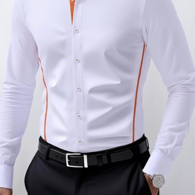 Men’s Slim-Fit Casual Long Sleeve Shirt – Solid Color White with Contrast Orange Accents, Classic Collar & Single-Button Closure, All-Season Versatile Shirt for Dating & Casual Outings, Everyday Outfit, Sleek Appearance, Durable Material, Stylish Top, Young Professionals, Professional Attire, Modern Menswear, Breathable Material, Modern Gentlemen