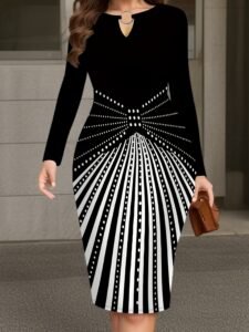 Women's Fashion Printed Dress with Round Neckline - New Arrival