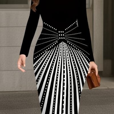 Women’s Fashion Printed Dress with Round Neckline – New Arrival