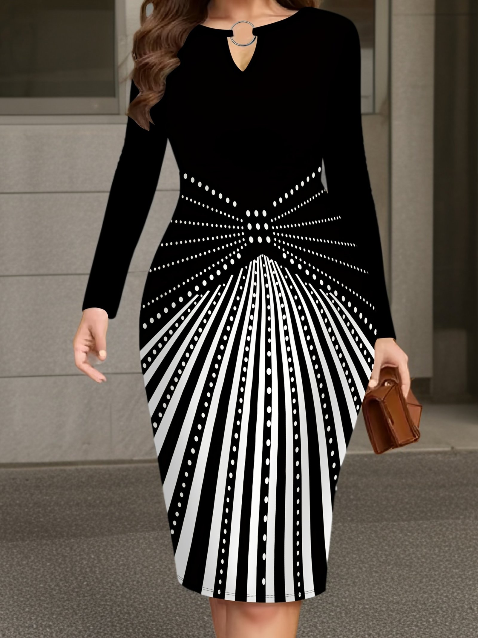 Women's Fashion Printed Dress with Round Neckline - New Arrival