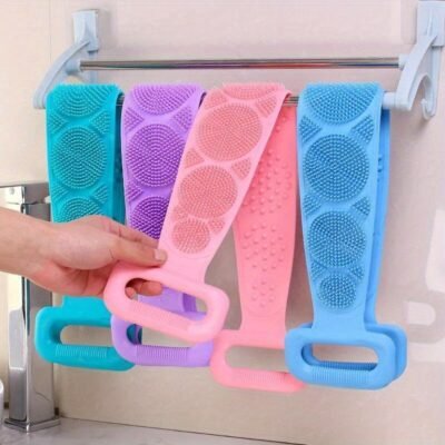 3pcs Green Purple Blue Mixed Set Body Sponge Silicone Brush Bath Towel Scrub Back Massage Shower Extension Light Beige Cleansing Brush, Bath Accessories, Bath Brushes, Bath Brushes For Women, Bath Brushes For Men