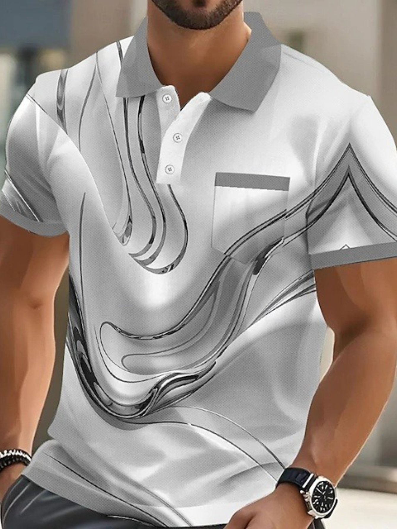 Men'S Marble Pattern Polo Shirt - Short Sleeve, Button-Up, Casual Style with Brown & White Swirl Design, Perfect for Outdoor Sports & Leisure Wear, Leisure Wear Shirt | Stylish Lapel Collar | Slight Stretch Fabric - Image 5