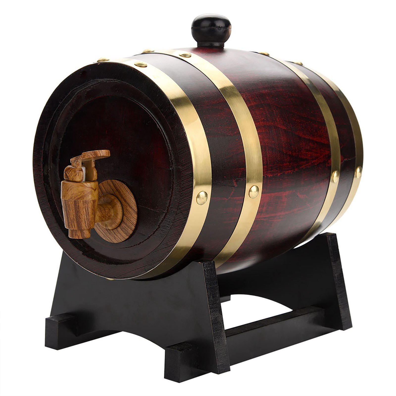 Rustic Pine Wood Wine Barrel with Leak-Proof Spigot - Red Oak Finish, Golden Metal Accents, Vintage Home Bar Decor for Whiskey, Beer, Brandy & Tequila, Step-by-Step Pouring Guide Included