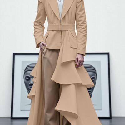 INCERUN Men’s Stylish Streetwear Tiered Layer Ruffle Asymmetric Hem Long Sleeve Loose Thin Simple Hippy Punk Casual Jacket Outerwear with Adjustable Belt