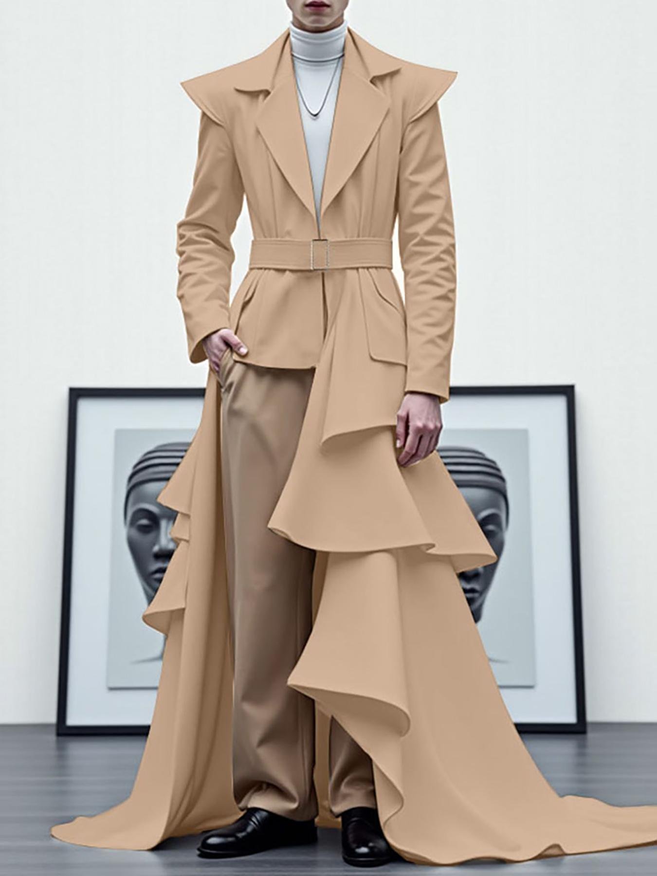 INCERUN Men's Stylish Streetwear Tiered Layer Ruffle Asymmetric Hem Long Sleeve Loose Thin Simple Hippy Punk Casual Jacket Outerwear with Adjustable Belt