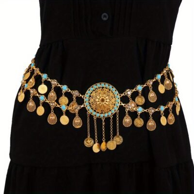 [Bohemian Waist Chain Necklace] NEULRY Women’s Bohemian Retro Tassel Waist Chain Necklace – Vintage-Inspired Golden-Tone Metal with Turquoise & Clear Gemstones, Adjustable Headpiece & Waist Chain for Daily Wear, Parties, Weddings, Bohemian Jewelry, Party Accessory, Vintageinspired Design, Intricate Beaded Detail