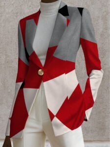 Women's Elegant Red/Black/White/Gray Geometric Houndstooth-like Blazer Jacket & Matching Suit - X-Line Tailored Collar, Single-Button Closure, Machine Washable Winter Coat for, Office, or Formal Events