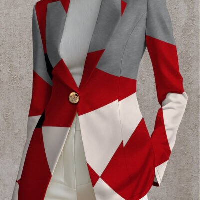 Women’s Elegant Red/Black/White/Gray Geometric Houndstooth-like Blazer Jacket & Matching Suit – X-Line Tailored Collar, Single-Button Closure, Machine Washable Winter Coat for, Office, or Formal Events
