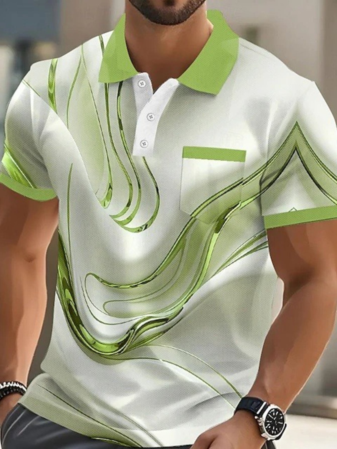 Men'S Marble Pattern Polo Shirt - Short Sleeve, Button-Up, Casual Style with Brown & White Swirl Design, Perfect for Outdoor Sports & Leisure Wear, Leisure Wear Shirt | Stylish Lapel Collar | Slight Stretch Fabric - Image 4