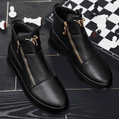 Chaonan British Style Joker High-Top Shoes – Double Zipper Closure, PU Upper & Slip-Resistant Rubber Sole, All-Season Urban Sneakers for Men & Women – Formal & Casual Events (Black), Versatile Footwear, Sleek Design, Durable Construction, Unisex Footwear, Fashion Enthusiasts