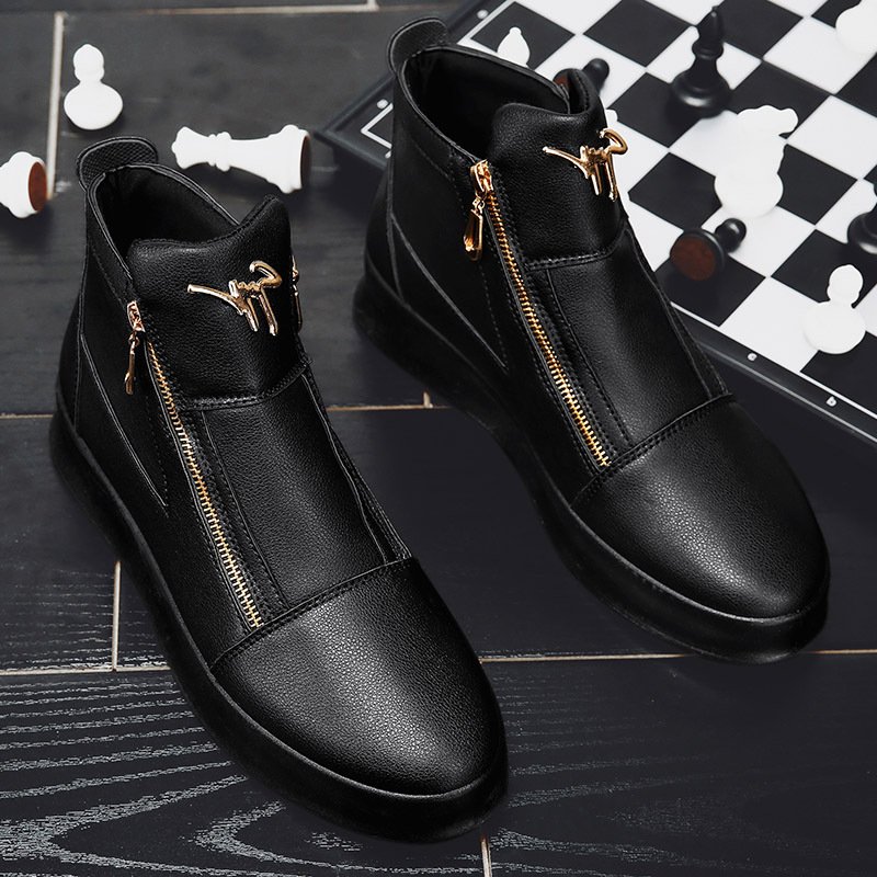 Chaonan British Style Joker High-Top Shoes - Double Zipper Closure, PU Upper & Slip-Resistant Rubber Sole, All-Season Urban Sneakers for Men & Women - Formal & Casual Events (Black), Versatile Footwear, Sleek Design, Durable Construction, Unisex Footwear, Fashion Enthusiasts