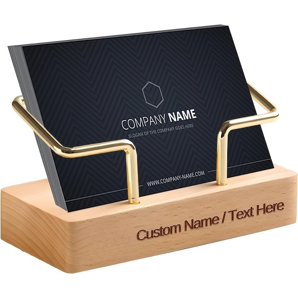 Personalized Business Card Holder - Custom Engraved Name & Company, Elegant Desk Organizer with Golden brackets, Recycled Wood Construction - Office, Wedding, Anniversary, Birthday Gift for Professionals, Corporate Presentations - Custom Text Personalization, Business Card Holder for Desk, Dark Finish Base