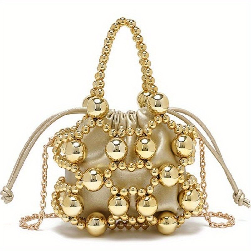 2025 New High-End Casual Chic Crossbody Bag with Adjustable Strap, Hollow Metal Beaded Woven Design & Bead Accents, 7.09x3.15x5.51inch, Golden-Tone Clasp Closure for Everyday Use