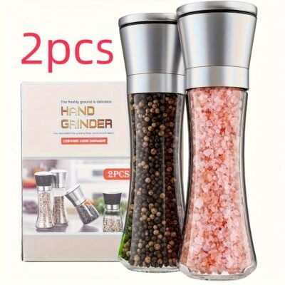 [2pcs Salt & Pepper Set] 2pcs Premium Stainless Steel Salt and Pepper Grinder Set – Adjustable Ceramic – High Glass Salt and Pepper Mill – This Elegant Yet Practical Grinder Set Enhances Your Cooking Experience, Adding Flavor to Your Kitchen