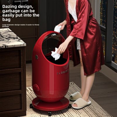 Modern Cylindrical Automatic Odor-Control Trash Can with Central Locking Lid & Wheel System – Heavy-Duty Plastic Mobile Bin with Ergonomic Handle, Space-Saving Design for Kitchen, Office, Living Room – Modern Red/Black/White/Gray/Black with Golden Lid – Durable & Hygienic Waste Disposal, Sleek Cylindrical Shape with Smooth Wheels for Easy Mobility, Odor-Reducing & Hygienic Storage Solution, Garbage Cans for Kitchen, Diaper Trash Can, Trash Can On Wheels,