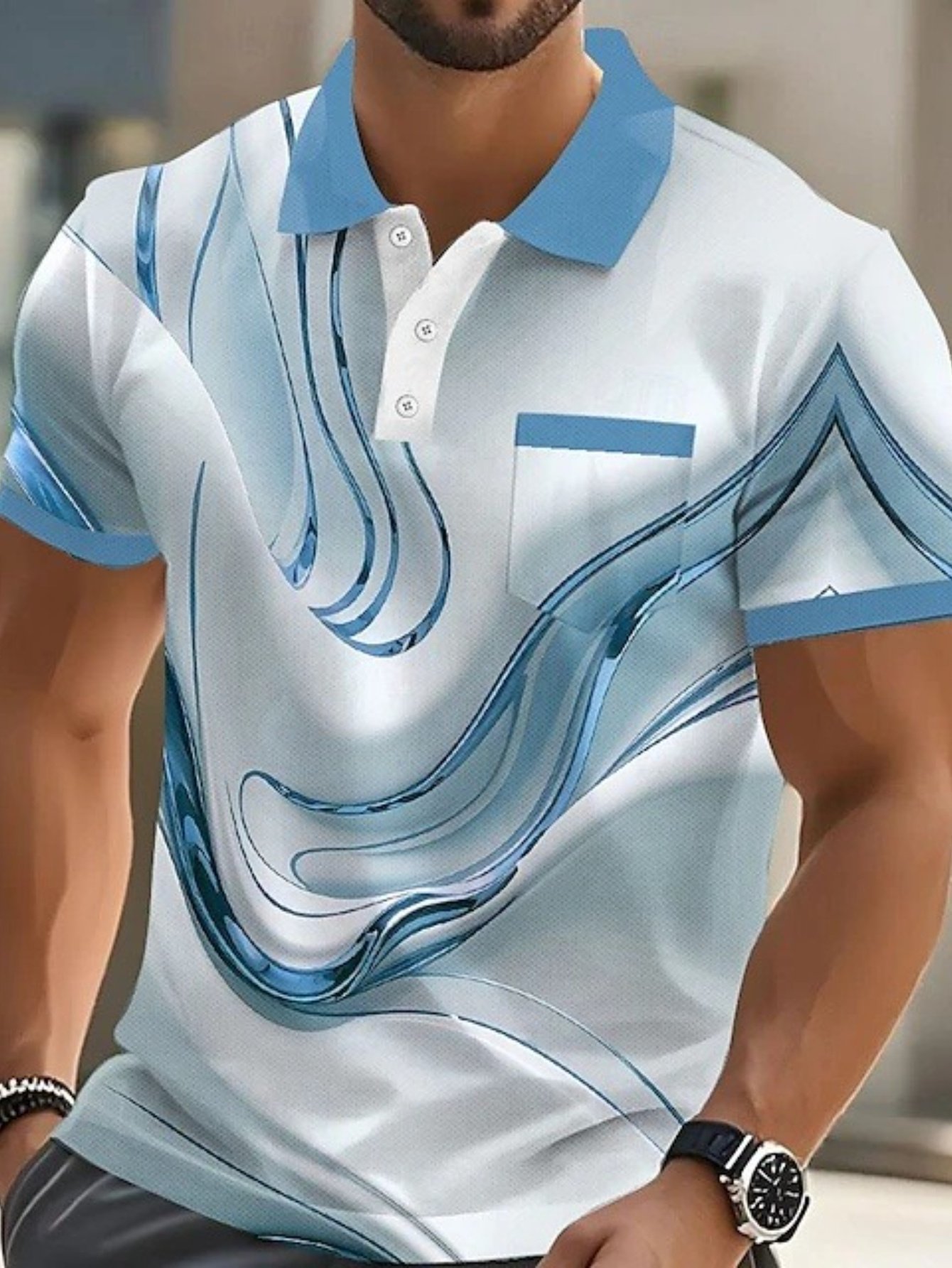 Men'S Marble Pattern Polo Shirt - Short Sleeve, Button-Up, Casual Style with Brown & White Swirl Design, Perfect for Outdoor Sports & Leisure Wear, Leisure Wear Shirt | Stylish Lapel Collar | Slight Stretch Fabric - Image 3