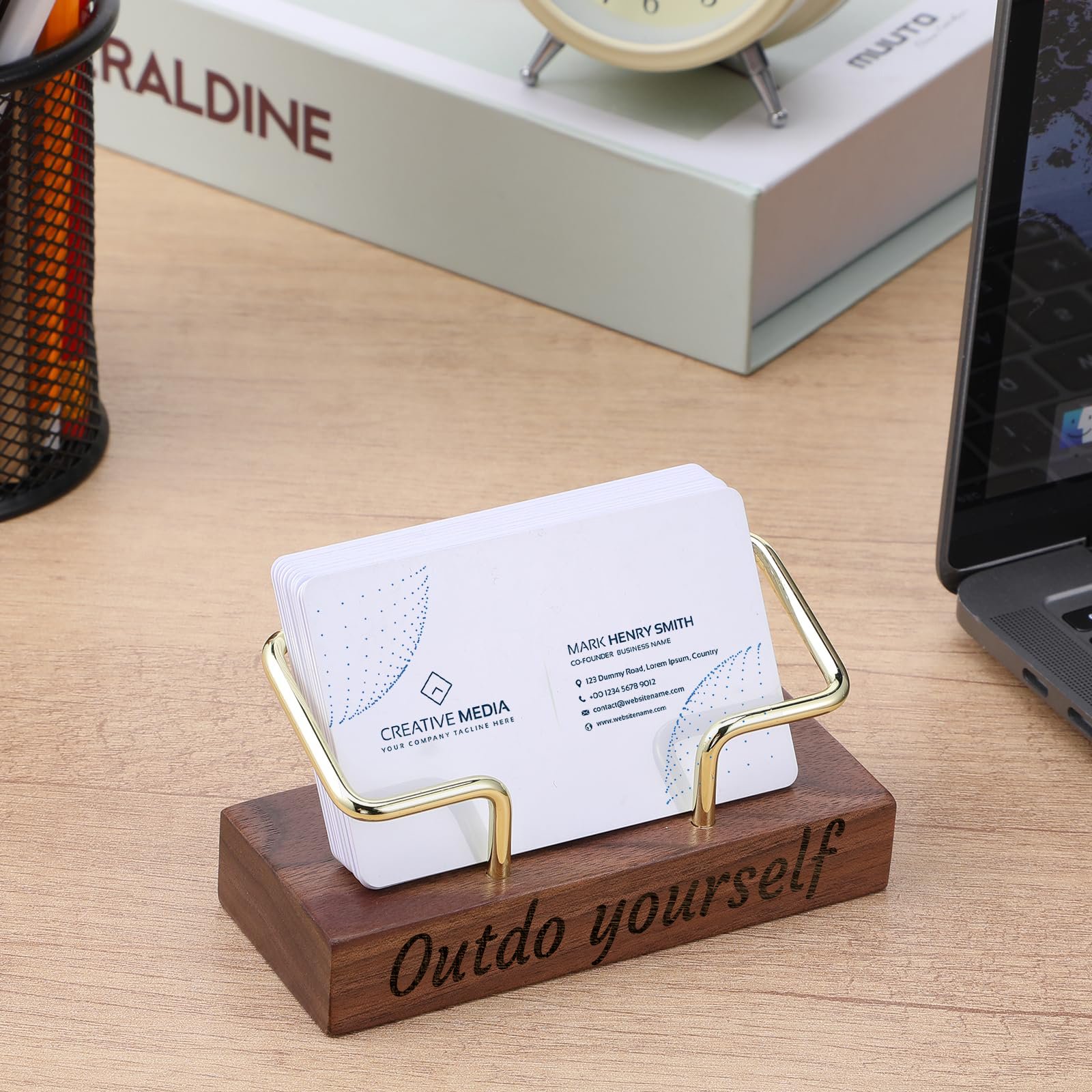 Personalized Wooden Business Card Holder - Custom Engraved Name & Company - Elegant Desktop Organizer with Golden Accents - Professional Gift for Executives, Weddings, Anniversaries, Christmas, Valentine'S Day - Durable Iron Material, Business Card Holder for Desk, Executive Gift Item, Sophisticated Design, Quality Craftsmanship, gift purchasing for boyfriend for christmas in and morocco., Desktop Organizer, Elegant Storage, Business Stationery, Professional Accessory, Customized - Image 5