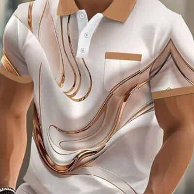 Men’S Marble Pattern Polo Shirt – Short Sleeve, Button-Up, Casual Style with Brown & White Swirl Design, Perfect for Outdoor Sports & Leisure Wear, Leisure Wear Shirt | Stylish Lapel Collar | Slight Stretch Fabric