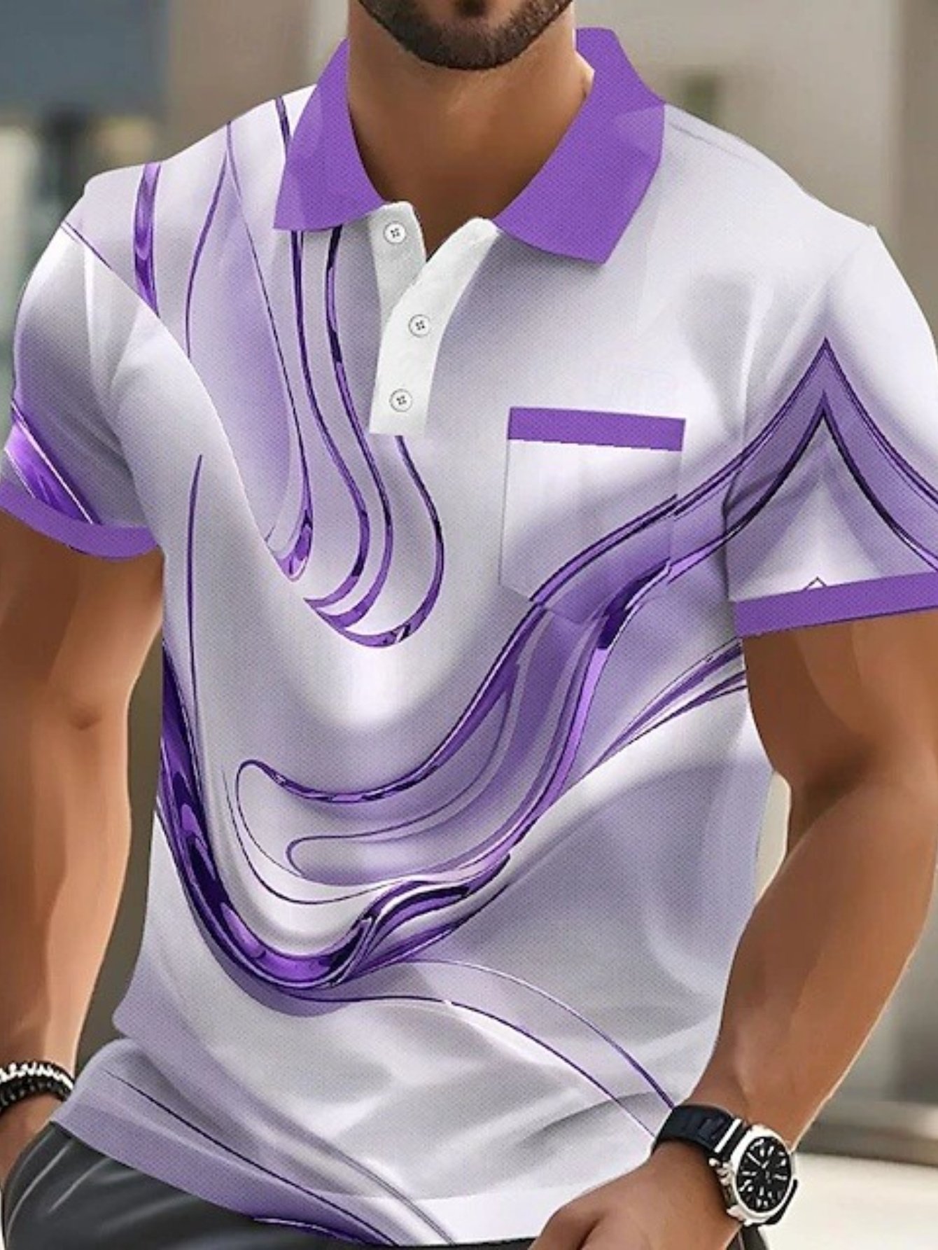 Men'S Marble Pattern Polo Shirt - Short Sleeve, Button-Up, Casual Style with Brown & White Swirl Design, Perfect for Outdoor Sports & Leisure Wear, Leisure Wear Shirt | Stylish Lapel Collar | Slight Stretch Fabric - Image 2