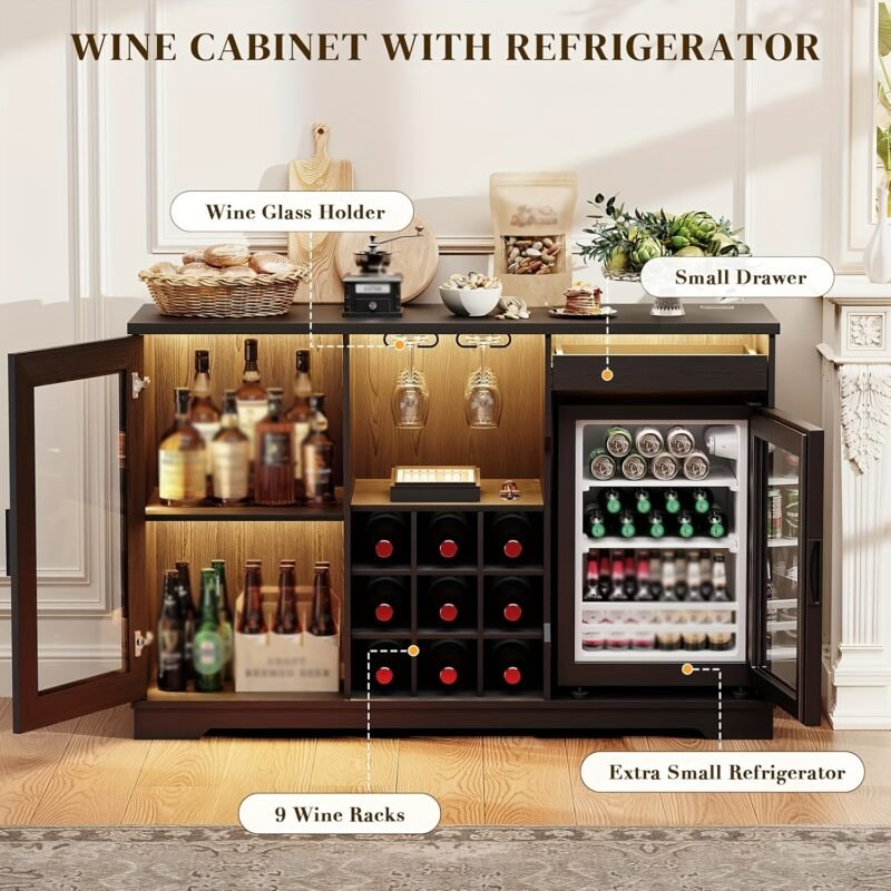 Bar Cabinet with Refrigerator, Motion Sensor, 3-Color LED Light, Glass Rack, Wine Rack, Large Storage Capacity, Mini Fridge Cabinet, Coffee Cabinet