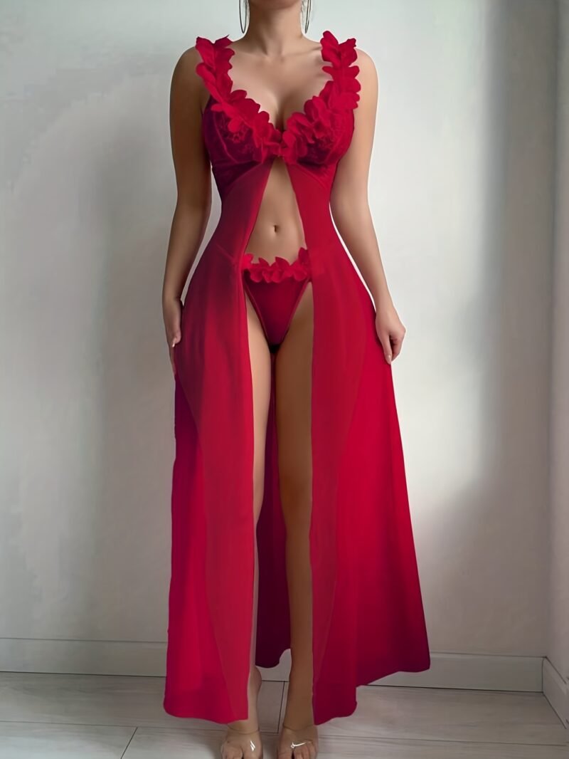 Women’s Seduction Night 3D Floral Lace Lingerie Dress Nightgown Set + Thong